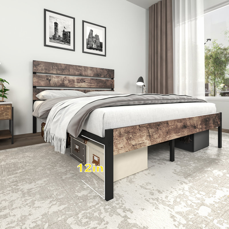 Metal Platform Bed Frame With Wooden Headboard,and Footboardno Box Spring Needed , King