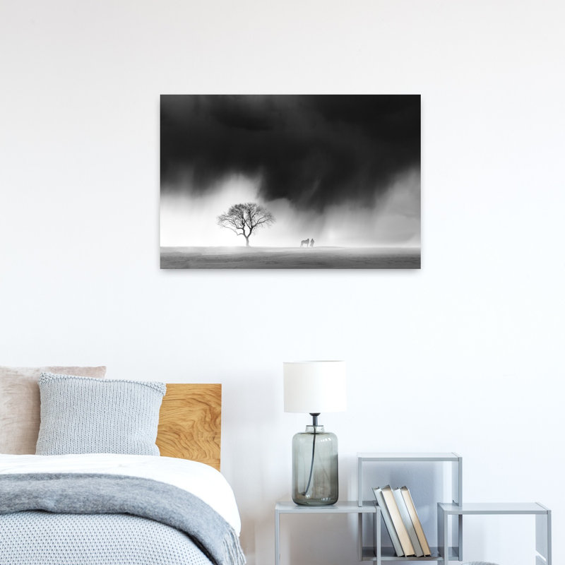 Misty Winter Solitude Dramatic Minimalist Serene Horse Landscape Tree Wall Art Print 1 Piece Wrapped Canvas Wall Art