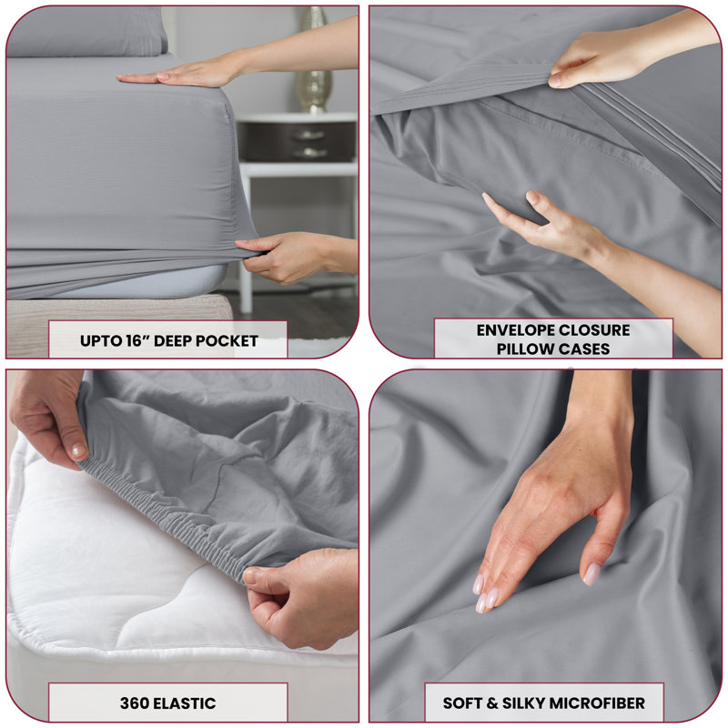 Lux Decor 4-Piece Ultra Soft Microfiber Sheet Set Deep Pocket Fitted Sheet, Wrinkle-Resistant & Easy Care Bedding, Gray