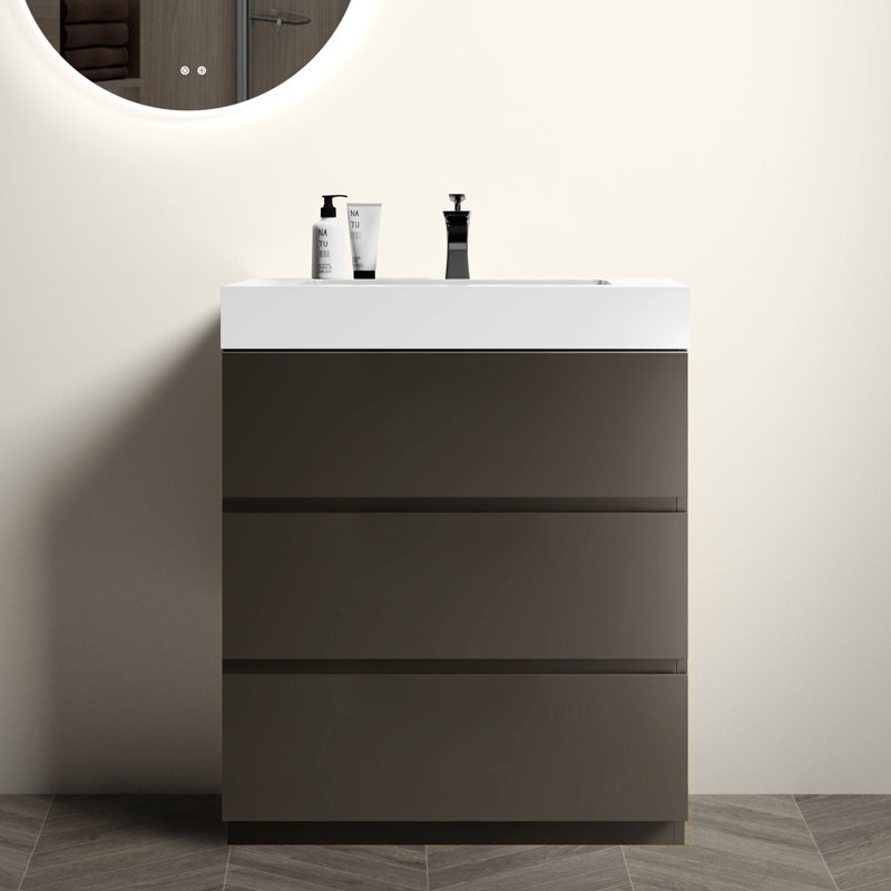 30" Gray Bathroom Vanity Sink - Modern, Big Storage, Sleek Gray, Silent Smooth Large, Gray, White, 29"