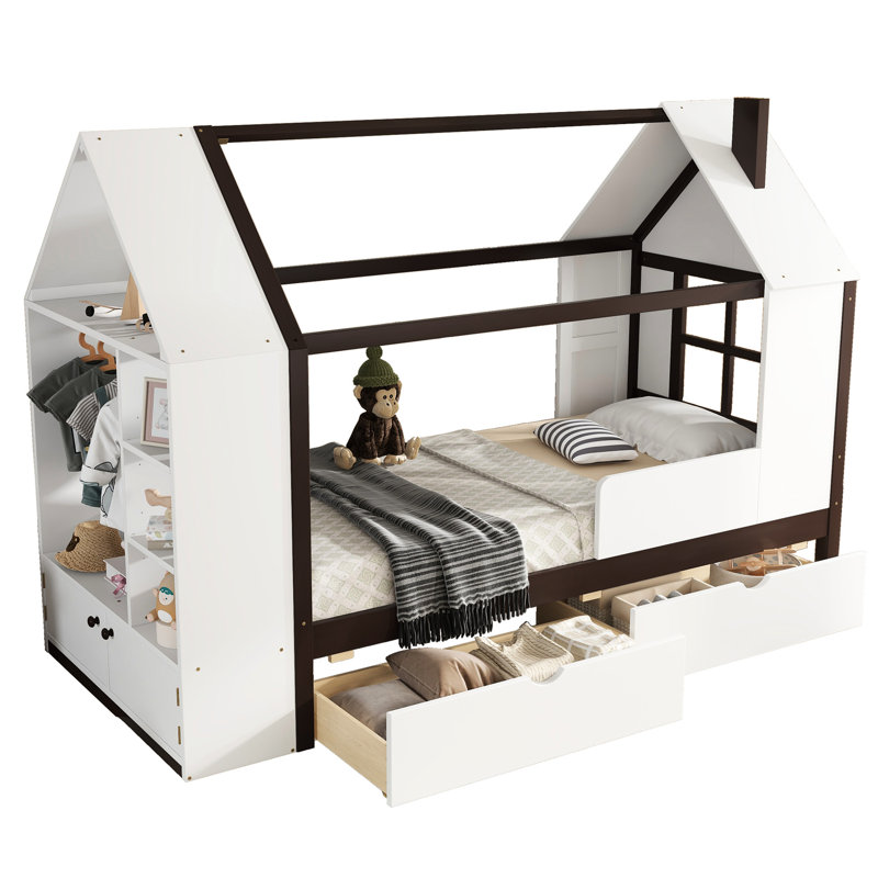 Lit simple en bois massif avec tiroirs et tablettes de rangement, blanc et ludique, fonctionnel et attrayant