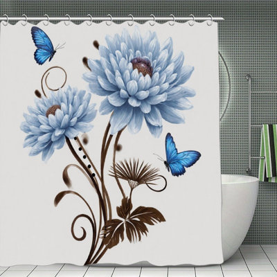 Light Blue Chrysanthemum Shower Curtains For Bathroom, 71 X 71