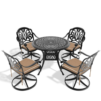 Repas d'extérieur pour 5 personnes avec 4 chaises pivotantes et une table ronde en aluminium de 35,43 po, structure noire, protection contre les intempéries, sièges confortables, capacité de siège de 350 lb, installation simple sous toutes les conditions de la table de 160 lb