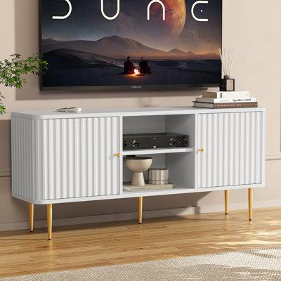 55" Modern Fluted TV Stand, Media Console with Gold Legs, Small Entertainment Center with Cable Management & Adjustable Shelves