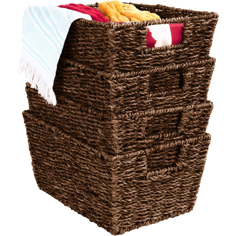 Ensemble rustique de 4 paniers de rangement empilables polyvalents en ruppie maritime, bacs à linge tissés à la main pour la chambre à coucher et le salon, tablettes, garde-manger avec poignées