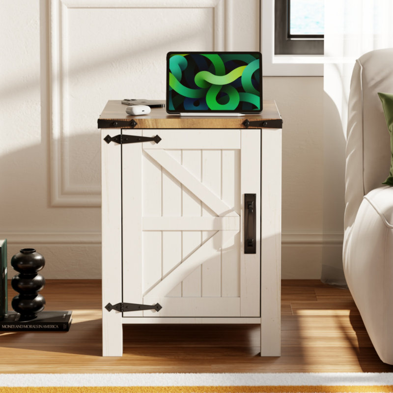 24'' Tall Farmhouse End Table With Charging Station, Wood Nightstand With Adjustable Shelf, Built-in Outlets