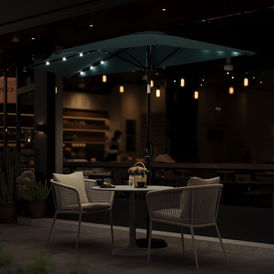 Demi-parasol 9 pi avec lumières - auvent extérieur durable, lève-manivelle lisse, protection UV - pour patio, terrasse, jardin, balcon, table de billard - turquoise