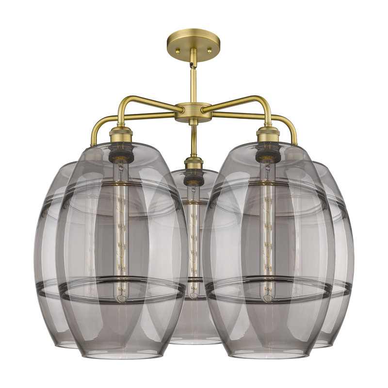 Lustre rond / ovale à abat-jour 5 lumières, Gris fumée clair, Laiton brossé, H 24 po x l 28 po x P 28 po