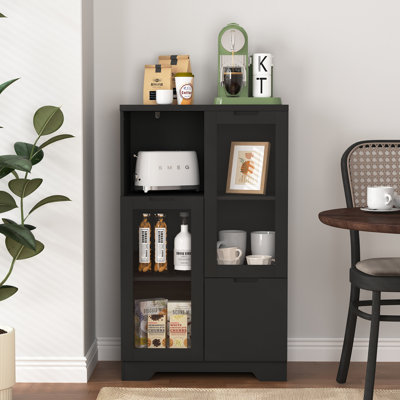 Wooden Floor Cabinet With 2 Glass Doors And 2 Storage Space,Living Room Bathroom Entryway