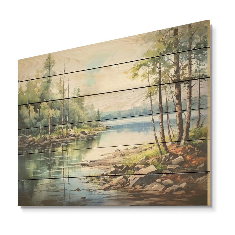Lacs, rivières, scandinave, tranquillité I - Lake River, art mural sur bois de pin naturel, H 24 po x l 32 po