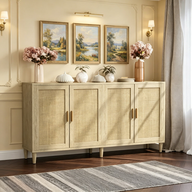 Buffet 70 po en rotin avec rangement, buffet 4 portes avec tablettes réglables, Naturel
