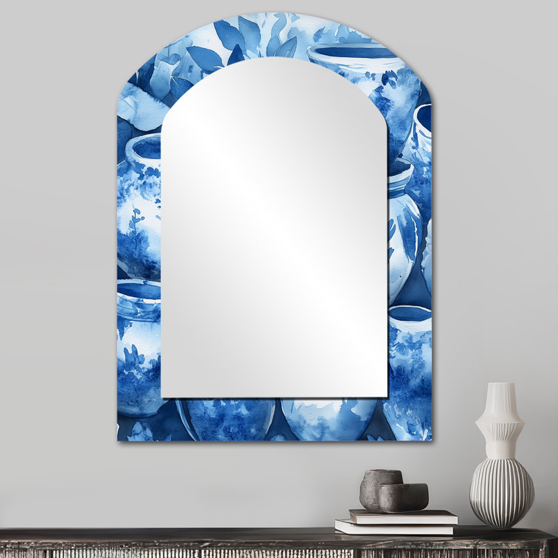Art mural côtier bleu et blanc Boho Pottery I - Boho Pottery, miroir mural asymétrique, 34 po x 25 po