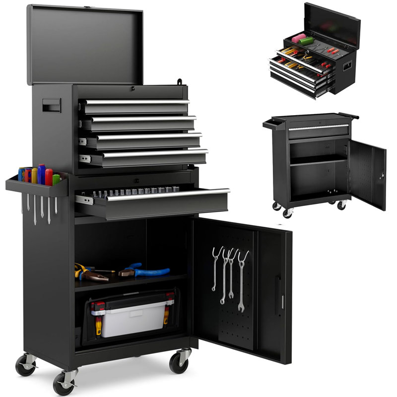 Coffre à outils à 5 roulettes avec coffre supérieur amovible, tablette réglable, roues verrouillables universelles et outils de 154 pièces - acier, antirouille, rangement facile à déplacer, 5 tiroirs, outils, rouille,