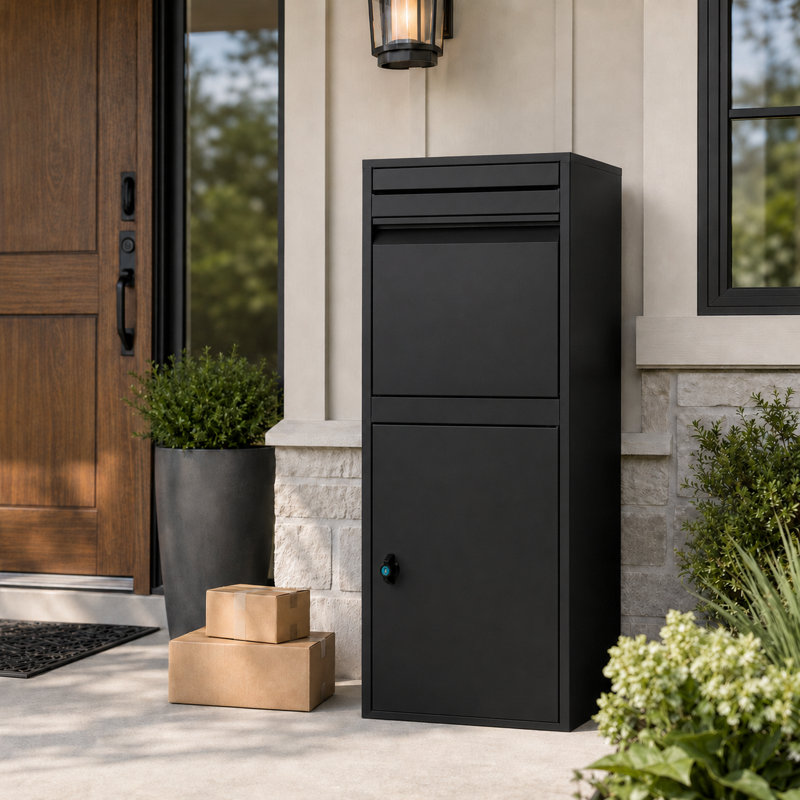 Boîte de livraison verrouillable noire de 40,2 po de hauteur, boîte de dépôt en acier imperméable pour porche, bord de trottoir et usage extérieur