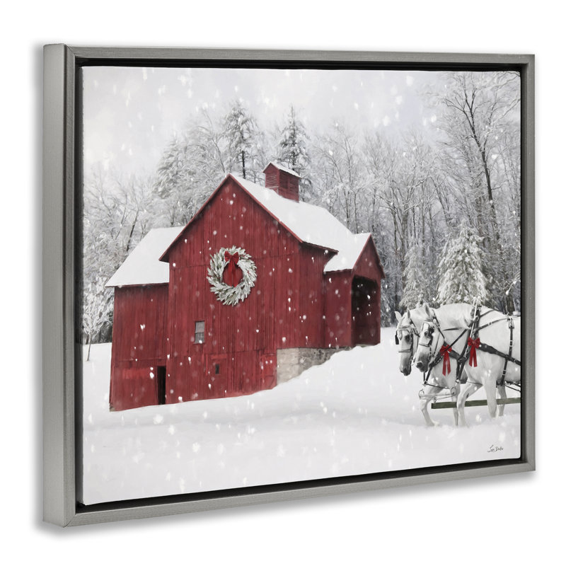 Toile enneigée rouge avec toile de neige par Lori Deiter, H 25 po x l 31 po, Cadre flottant gris lustré