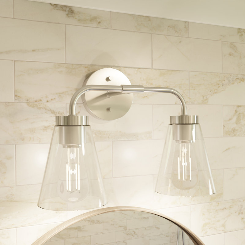 Éclairage pour salle de bain 2 lumières au fini nickel brossé avec abat-jour en verre transparent