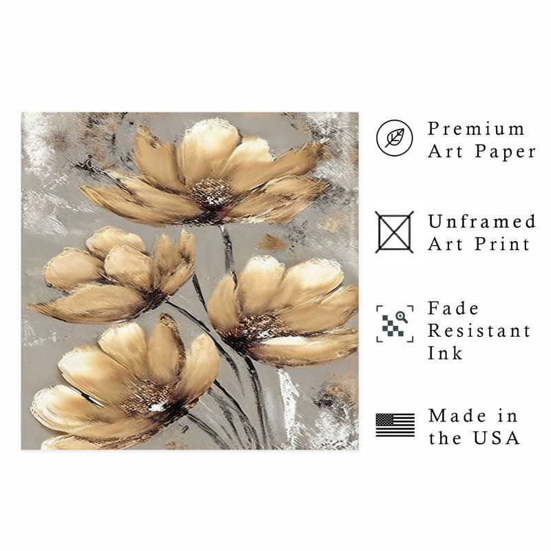 Impression florale de fleurs dorées modernes sans cadre, H 18 po x l 18 po