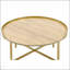 Table basse à plateau rond avec plateau en chêne durable et base en métal doré, parfaite pour les espaces de vie modernes.