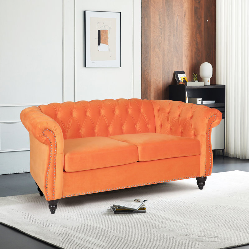 Johnette 62'' Velvet Rolled Arms Chesterfield Sofa, Orange Velvet