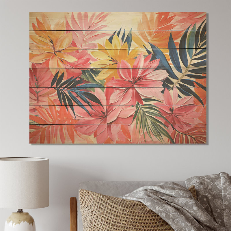 «Pink Floral Tropical Jungle» par Matisse I - impression florale sur bois, H 10 po x l 20 po x P 0,78 po
