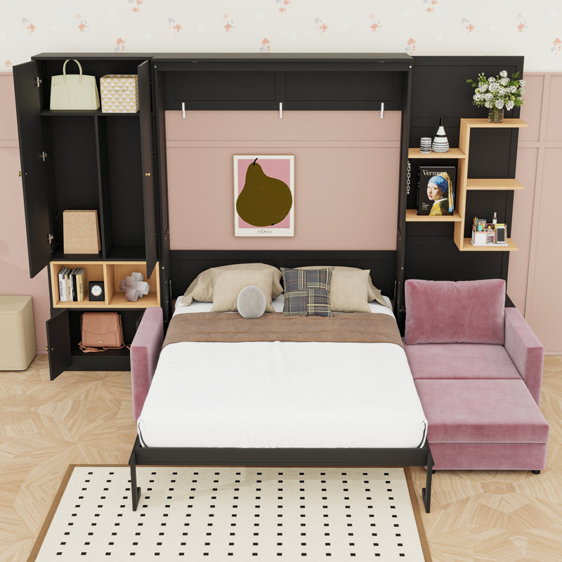 Lit escamotable avec canapé, tablettes de rangement, double éclairage et armoires, Noir / Rose
