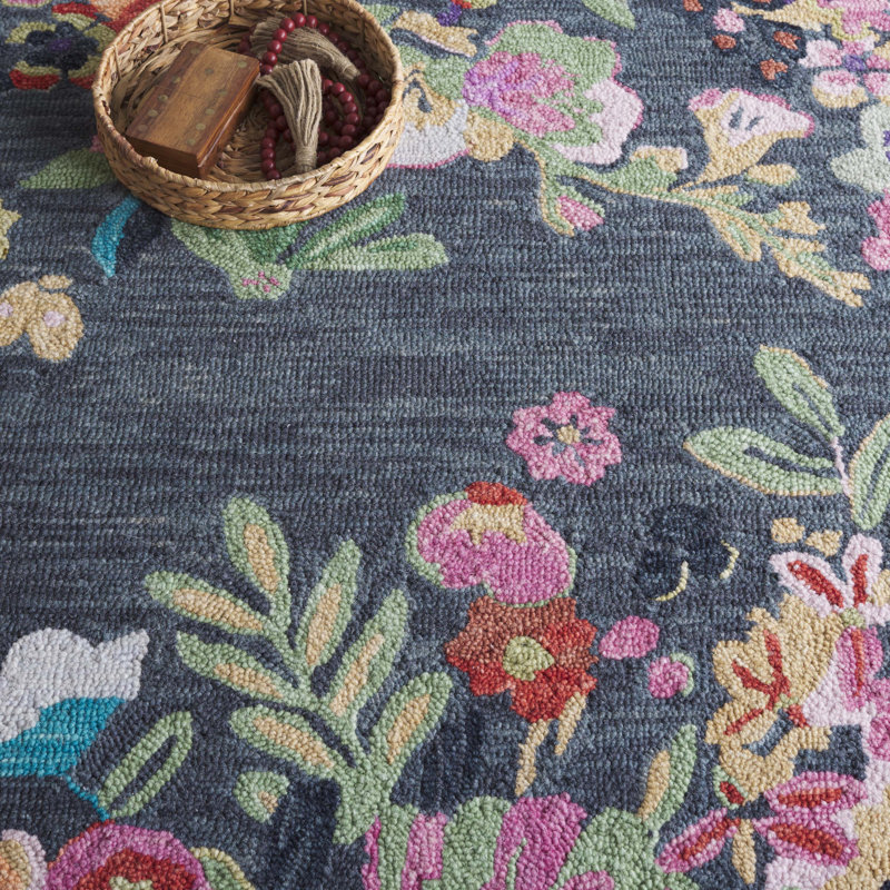 Floral rug wool/cotton hand tufted Garden in Gray/Pink, Square 3'