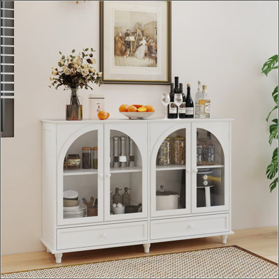 White Arched Glass Sideboard Buffet Cabinet with 2 Drawers & 4 Glass Doors, Adjustable Shelves for Modern Kitchen and Dining Room