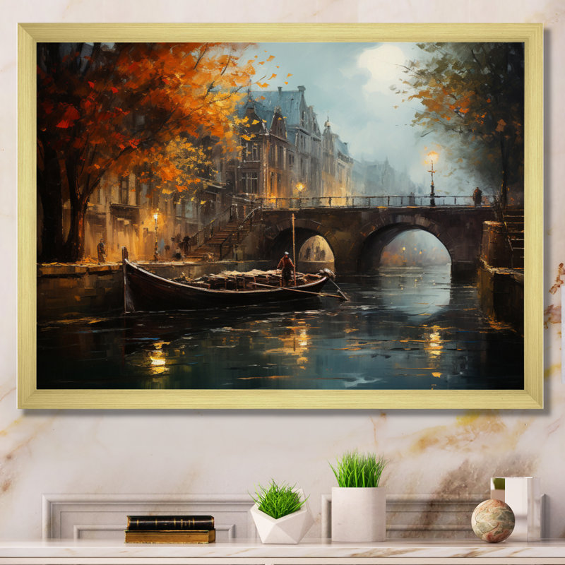 Beige canal atmosphère - imprimé, Encadrement doré, H 34 po x l 44 po x P 1,5 po