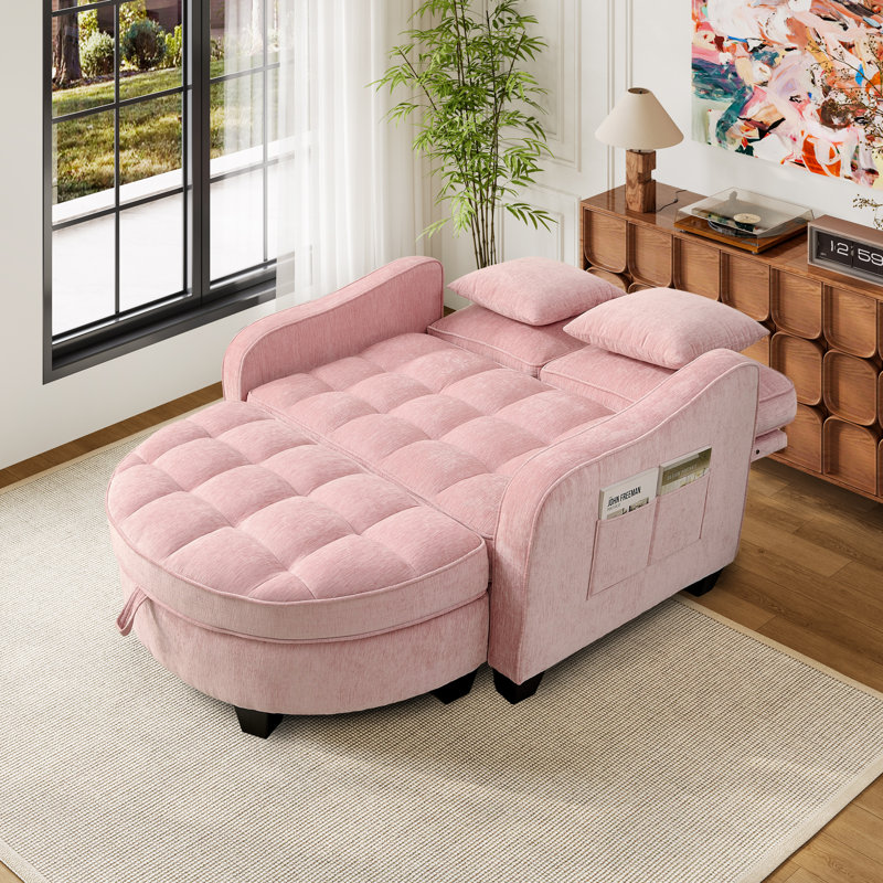 Modern Convertible  Sofa Bed With Storage Ottoman, Reclining Backrest, And Side Pocket Armrest, Pink
