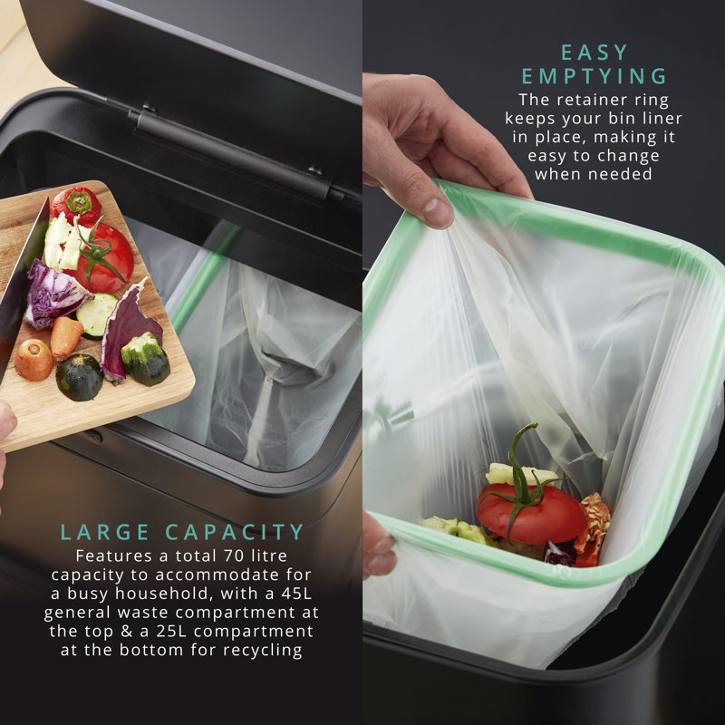 SWKA4501BLKN Swan Stealth Dual Recycling Sensor Bin, Retainer Ring, Iron Body, 70L, Black