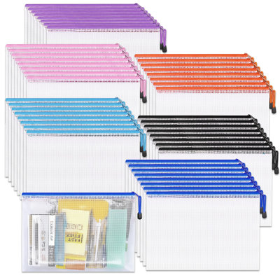 Paquet de 48 pochettes en filet à fermeture à glissière format A3 format 16,9 po x 11,6 po, grands sacs de rangement en PVC imperméables pour l'organisation de jeux de société en salle de classe