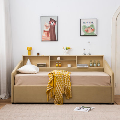 Guinette Upholstered Twin Daybed with Trundle and Headboard Shelf by Wade Logan