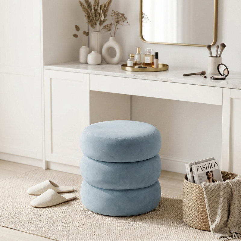 Tabouret de coiffeuse moderne en velours, fauteuil de maquillage rond, Bleu