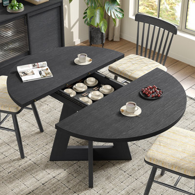 43.3"-61.1" Extendable Round Dining Table with Hidden Storage & Cross Base, Seats for 4-6,Kitchen Dining Table for Dining Room