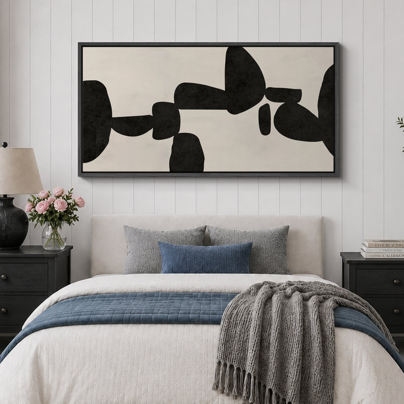 Abstrait abstrait géométrique noir Mid-Century, H 30 po x l 60 po, Noir, noir, noir, noir