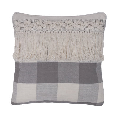 Vickerman Grey Plaid Fringe Cotton Pillow Pre-Decorated Reversible Throw Pillow