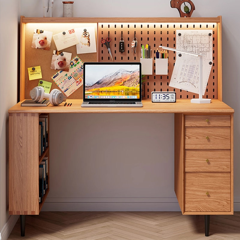 Bureau 4 tiroirs Burlywood + rectangulaire noir massif + bois manufacturé + fer, 48.43" H x 55.12" W x 24.41" D