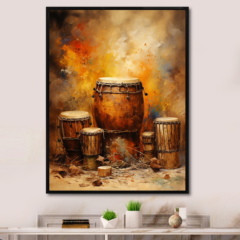 «Djembe Journey Earthy Umber II», reproduction sur toile, Cadre flottant noir, H 20 po x l 12 po