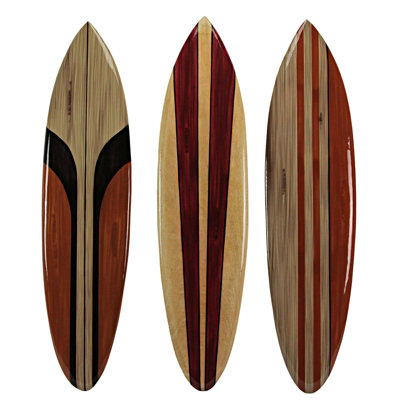 Set Of 3 Hand-Carved Wooden Surfboard Wall Hangings - Coastal Charm - Striped Surf Beach Art Decor - 39 Inches Long - Great For Bedrooms And Bathrooms