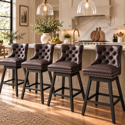 Swivel Bar Stools Set of 4, PU Leather Bar Chairs with Button Tufted Front and Ring Pull Back, 30" Bar Height Stools with Solid Wood Legs for Kitchen Island or Bar, Brown