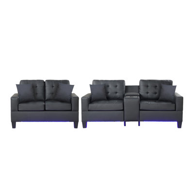 Ensemble de salon Genesis en tissu PVC noir avec lumières DEL, console de chargement USB, porte-gobelets et coussins rembourrés