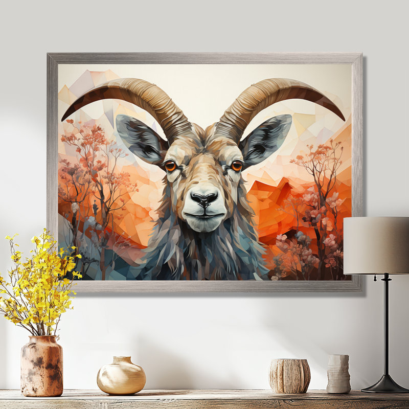 Goat Mountain Explorer géométrique - Chèvre, art mural, H 30 po x l 40 po x P 1,5 po, Cadre flottant noir
