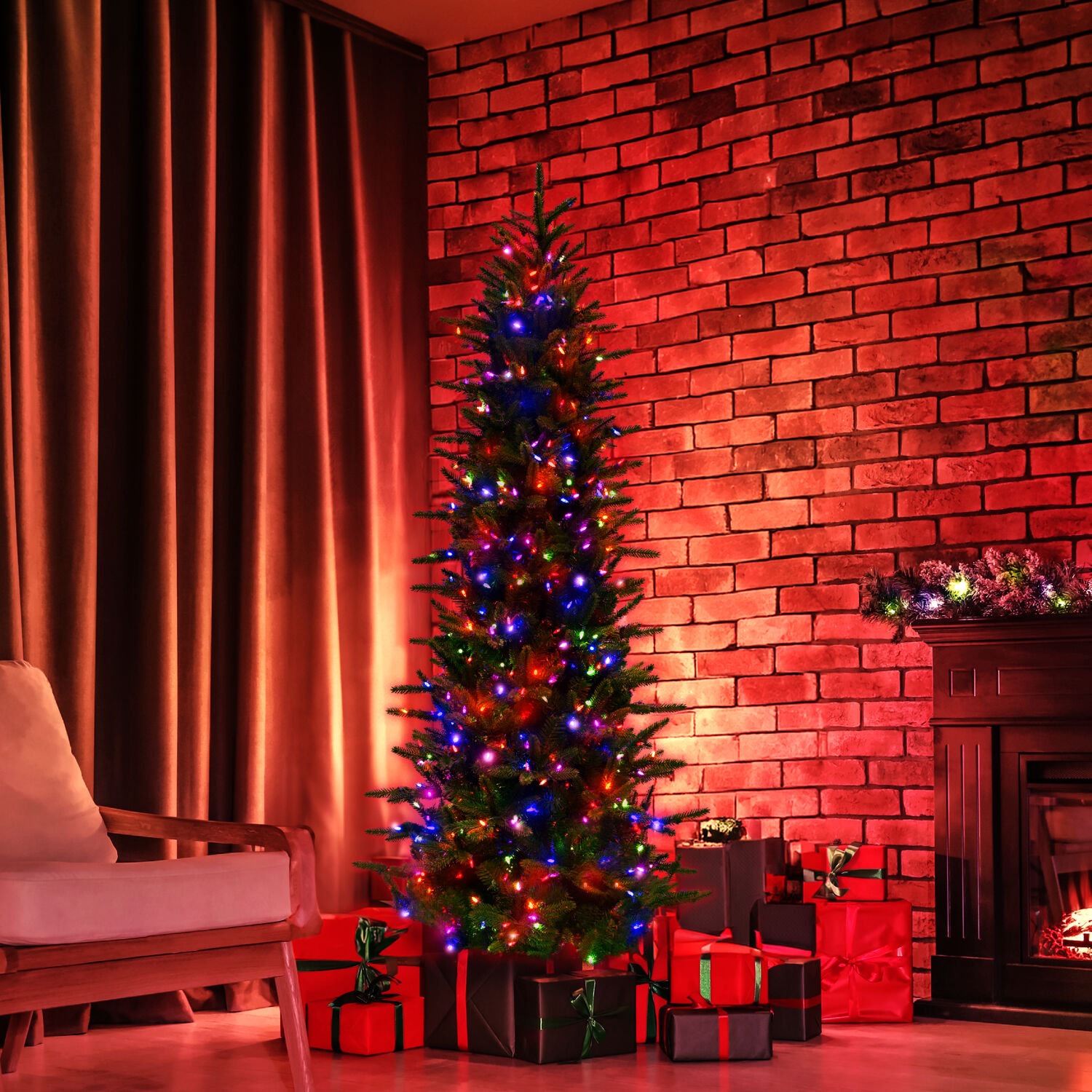 Fraser Hill Farm Carmel Pine Slim Artificial Christmas Tree with Dual Multicolor & Warm White LED Lights, 78" H