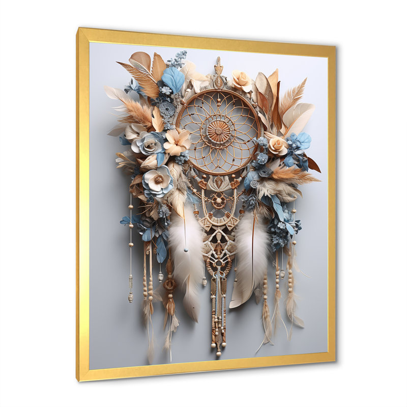 «Beige et bleu» Dreamcatcher Serenity - reproduction d'art sur toile, Cadre doré simple, H 32 po x l 24 po x P 1 po
