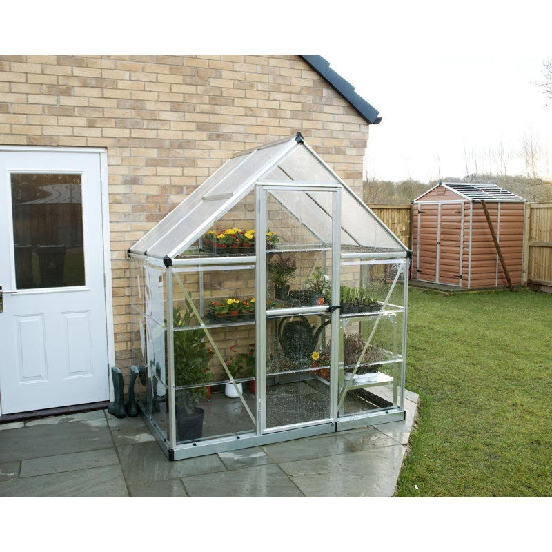 Palram - Canopia Hybrid 6' W x 10' D Walk-In Hobby Polycarbonate Aluminum Frame Greenhouse Kit with Roof Vent - Silver
