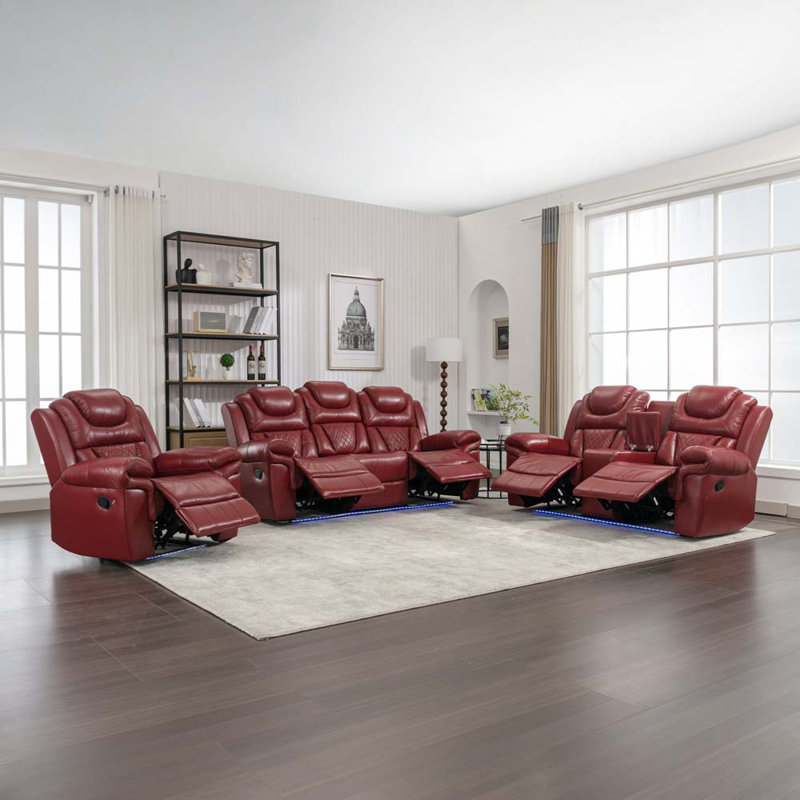 Medardus 3 Pieces Recliner Sofa Sets Manual Recliner Chair with Center Console and LED Light Strip, Red Faux Leather
