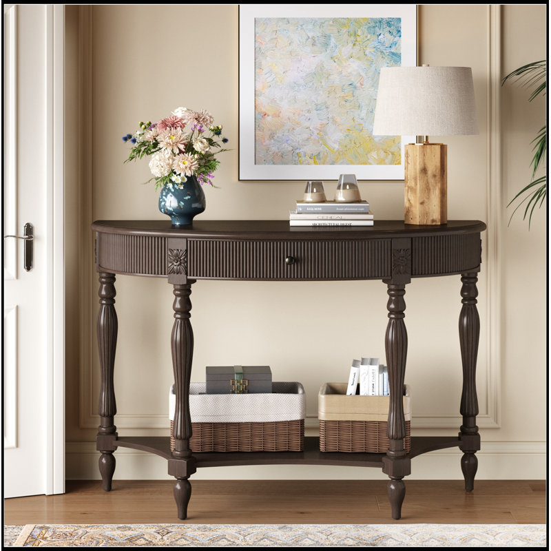 Demi-lune en bois avec tiroir et tablette, Deep Rustic Brown