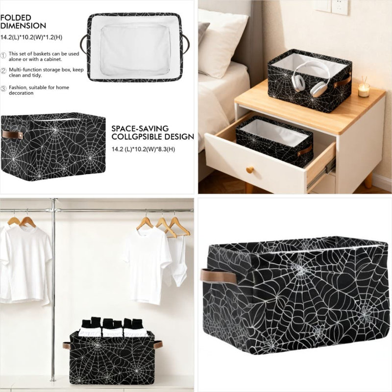Collapsible Storage Basket With Handles, Fabric Organizer Bin For Home Organization, Halloween Spider Web Design, Waterproof And Durable