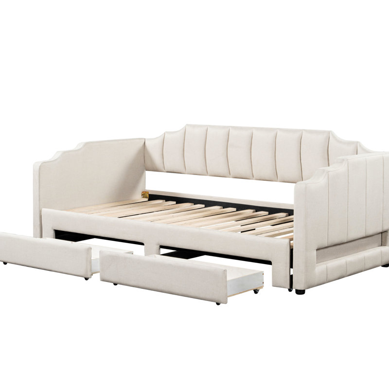 Twin Xl Extendable Upholstered Daybed, Beige, Led , Two Storage Drawers, And Pine Beige Convertible Daybed From To King, Upholstered, Stable Frame