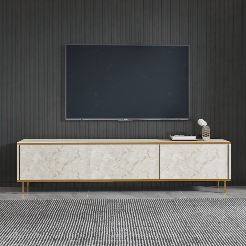 Elegant Modern TV Stand with Numerous Shelves, Travertine & Gold Finish, 70.9 x 17.7 x 17.3 inches | 100% Melamine Coated Particle Board, Thickness: 0.7 inches | Wall-Mountable, Push to Open Doors, Stylish & Functional Design